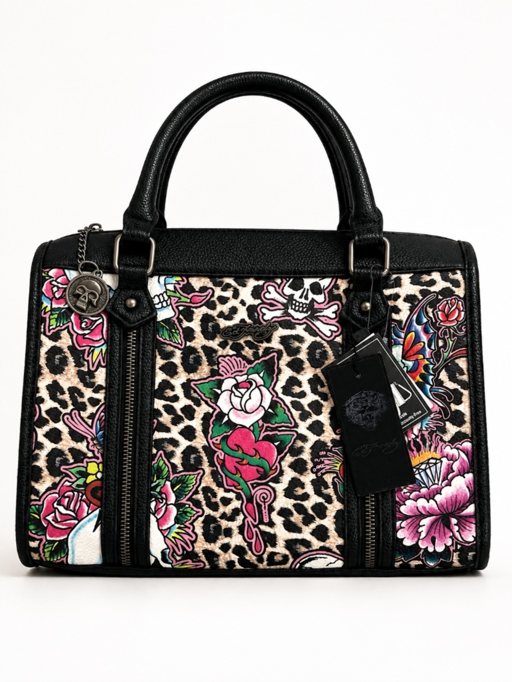 Ed Hardy Skull Leopard Tattoo Satchel Bag Roses Crossbody Handbag NWT